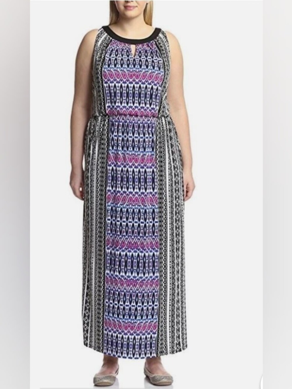Sleeveless Printed Maxi Dress in Navy and Pink